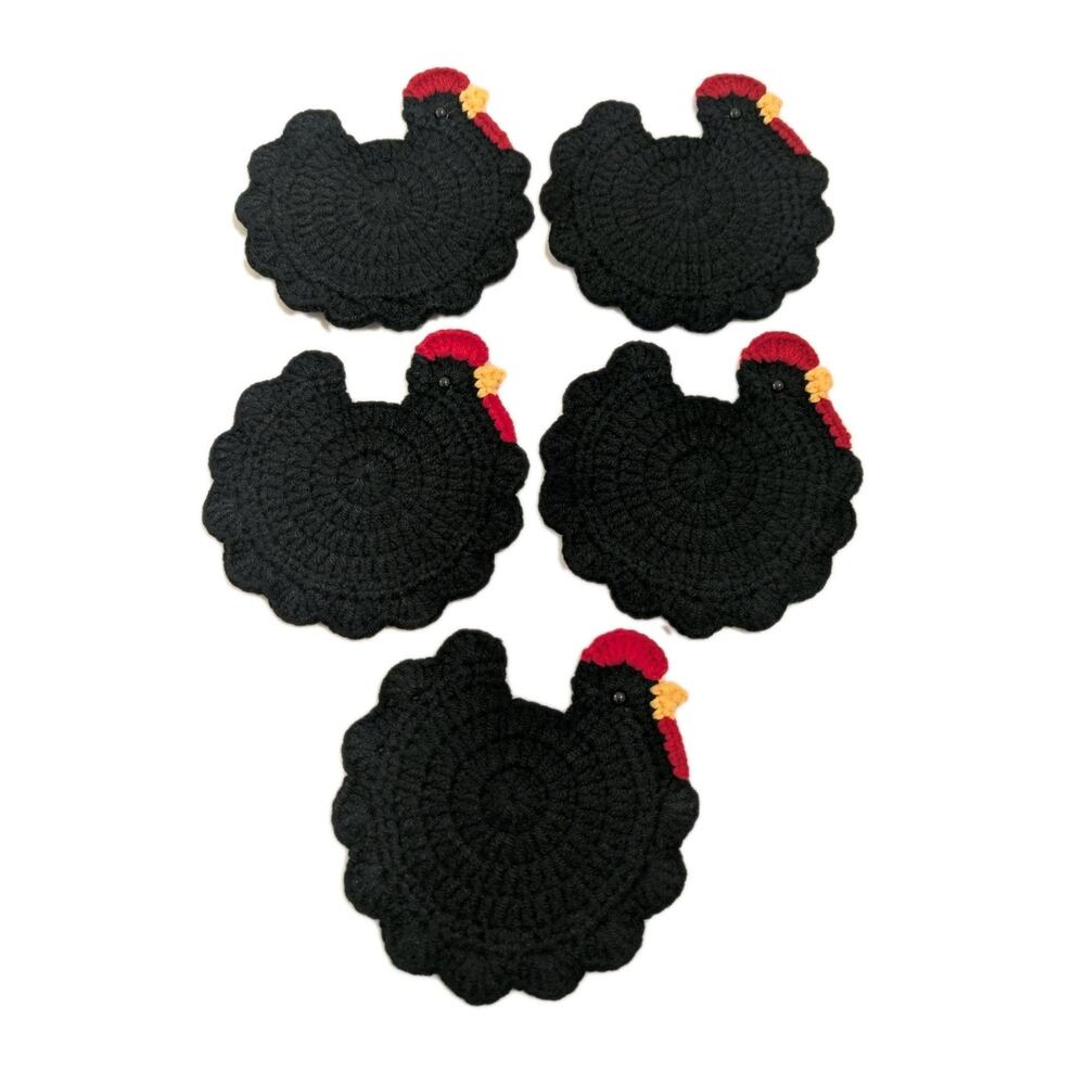 Handmade Crochet Black Chicken Coasters Set Lot 5 Pcs Farmhouse Drink Decor